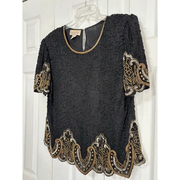 Laurence Kazar Vintage Black Gold Silver Beaded Laurence Beaded Cocktail XXL - Picture 4 of 7
